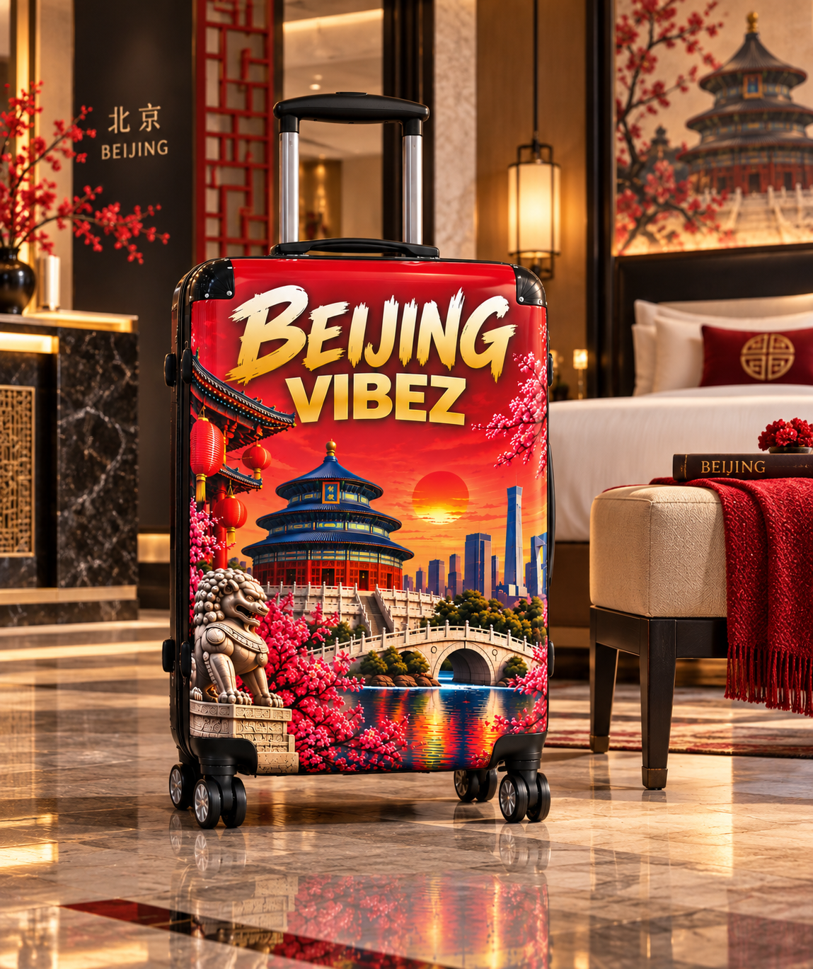 Beijing Vibez Suitcase, China Travel Luggage, Beijing Hard Shell Suitcase, Chinese Travel Gift, Red Asian Luggage, Spinner Suitcase