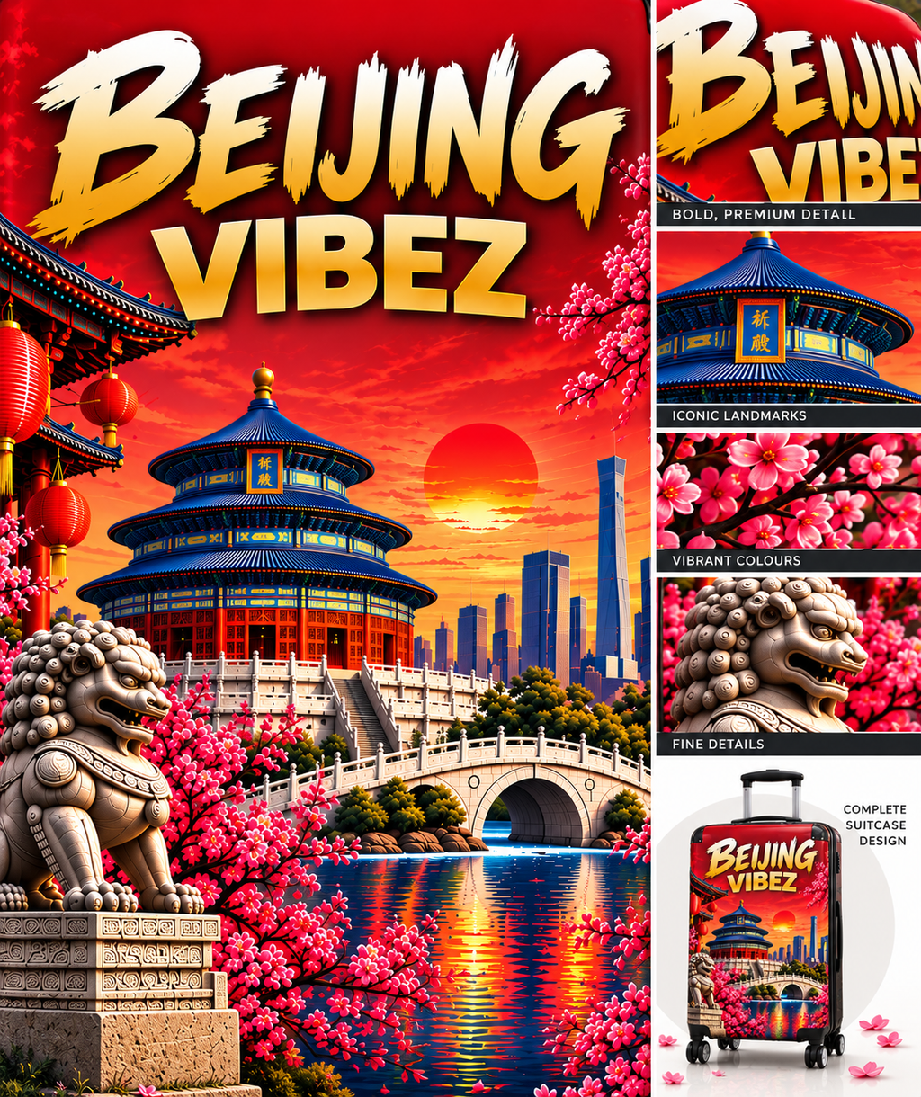 Beijing Vibez Suitcase, China Travel Luggage, Beijing Hard Shell Suitcase, Chinese Travel Gift, Red Asian Luggage, Spinner Suitcase