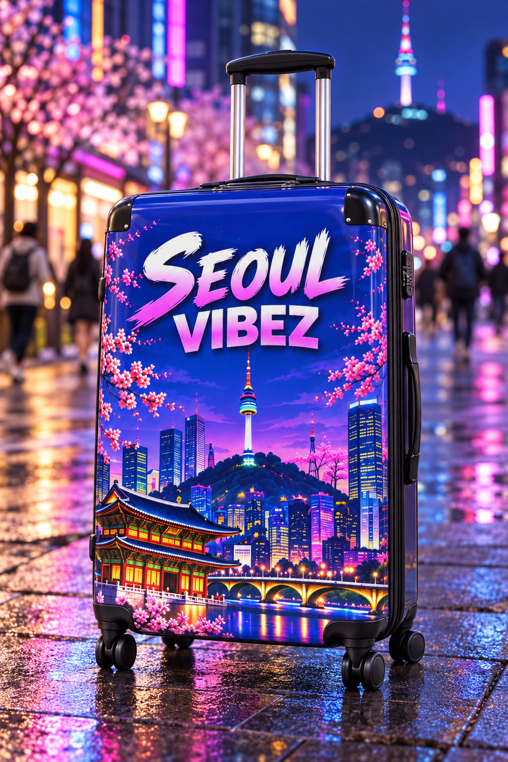 Seoul Vibez Suitcase, Korean Cityscape Hard-Shell Luggage, Colourful Travel Gift