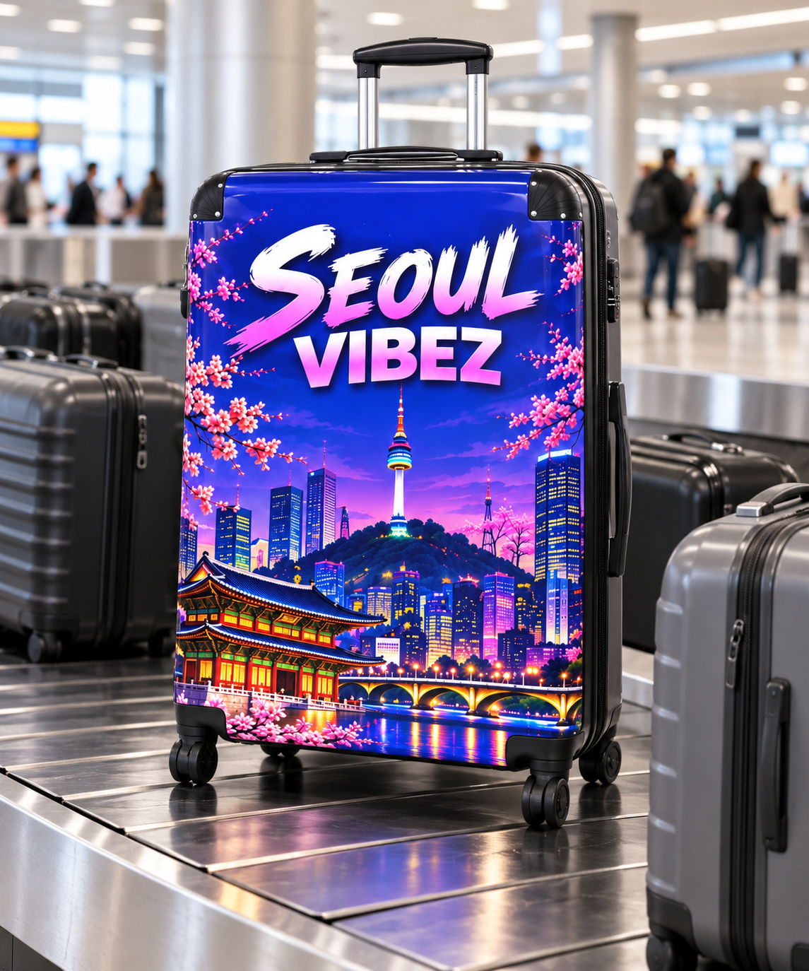 Seoul Vibez Suitcase, Korean Cityscape Hard-Shell Luggage, Colourful Travel Gift