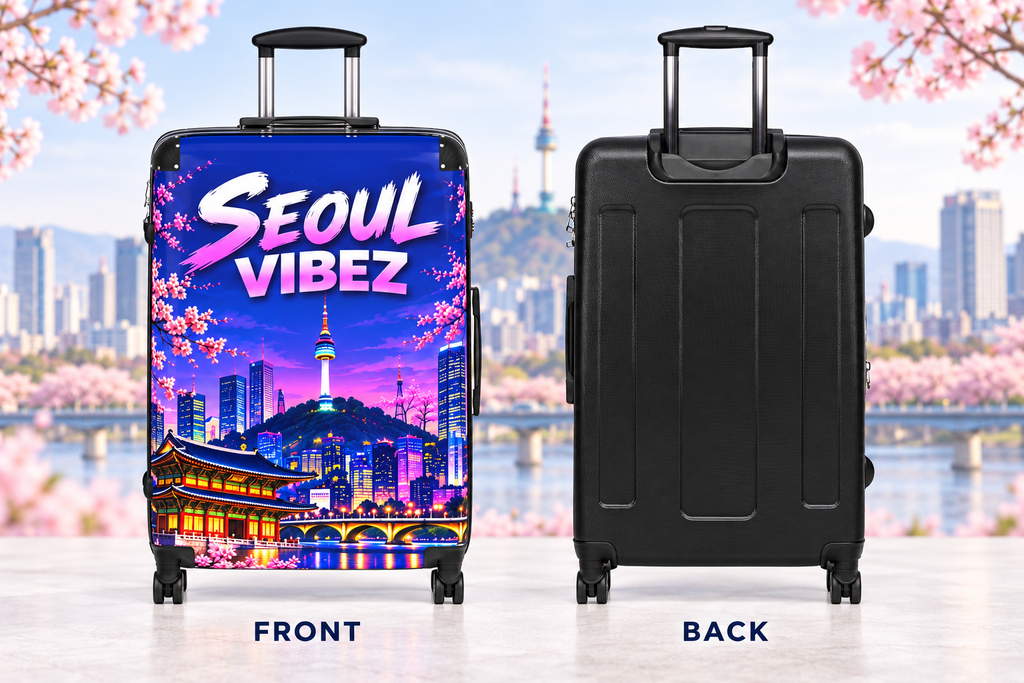 Seoul Vibez Suitcase, Korean Cityscape Hard-Shell Luggage, Colourful Travel Gift