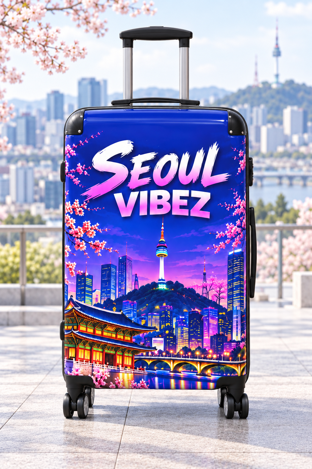 Seoul Vibez Suitcase, Korean Cityscape Hard-Shell Luggage, Colourful Travel Gift
