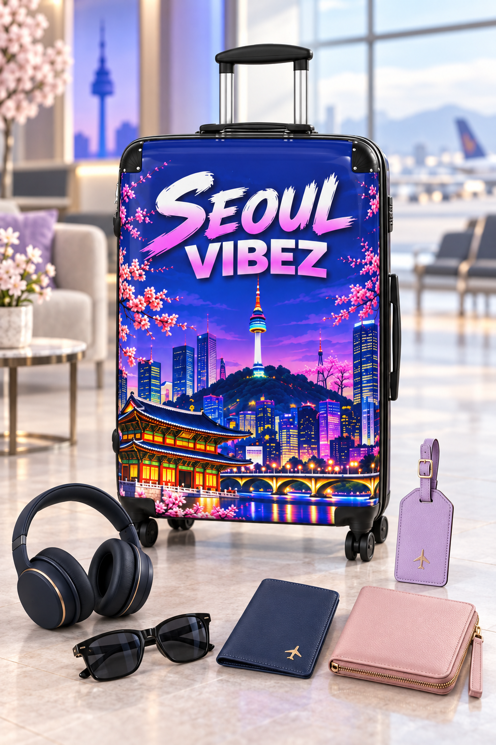 Seoul Vibez Suitcase, Korean Cityscape Hard-Shell Luggage, Colourful Travel Gift