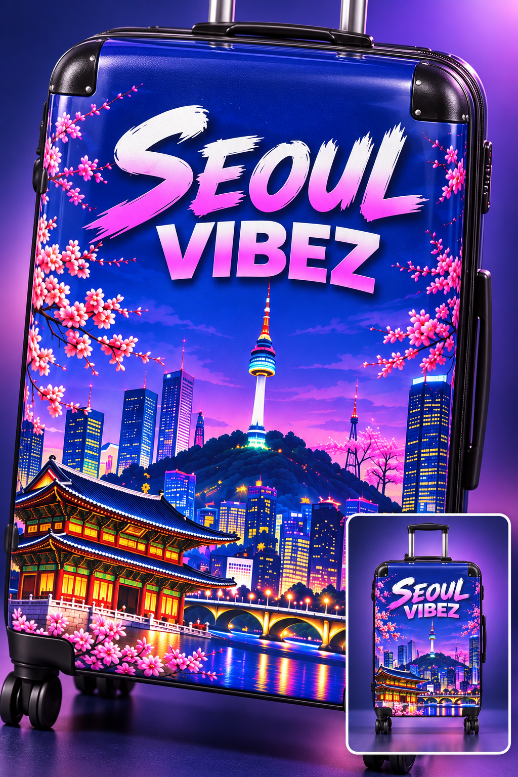 Seoul Vibez Suitcase, Korean Cityscape Hard-Shell Luggage, Colourful Travel Gift