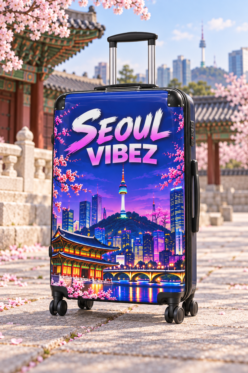 Seoul Vibez Suitcase, Korean Cityscape Hard-Shell Luggage, Colourful Travel Gift