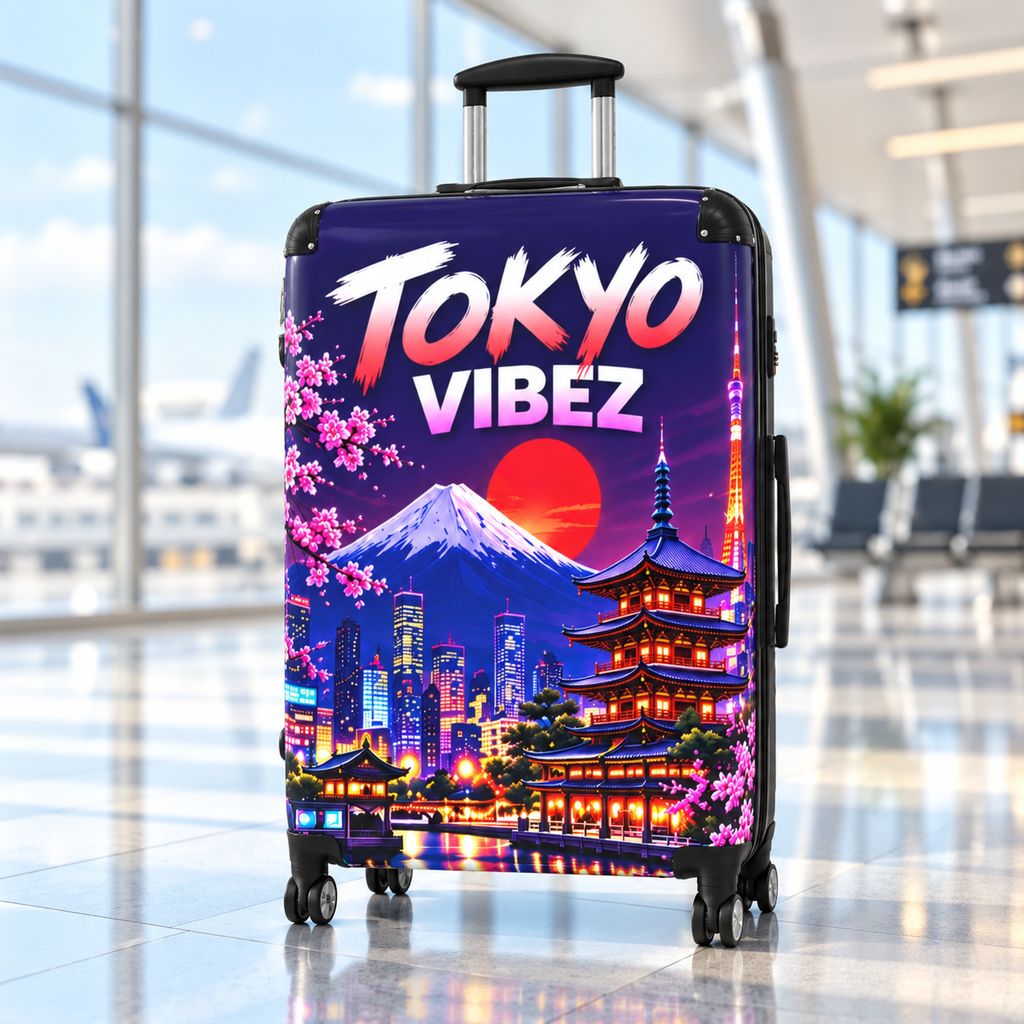 Tokyo Vibez Suitcase, Japanese Travel Luggage, Mount Fuji Cherry Blossom Hard Shell Case, Japan Gift, Colourful Spinner Luggage