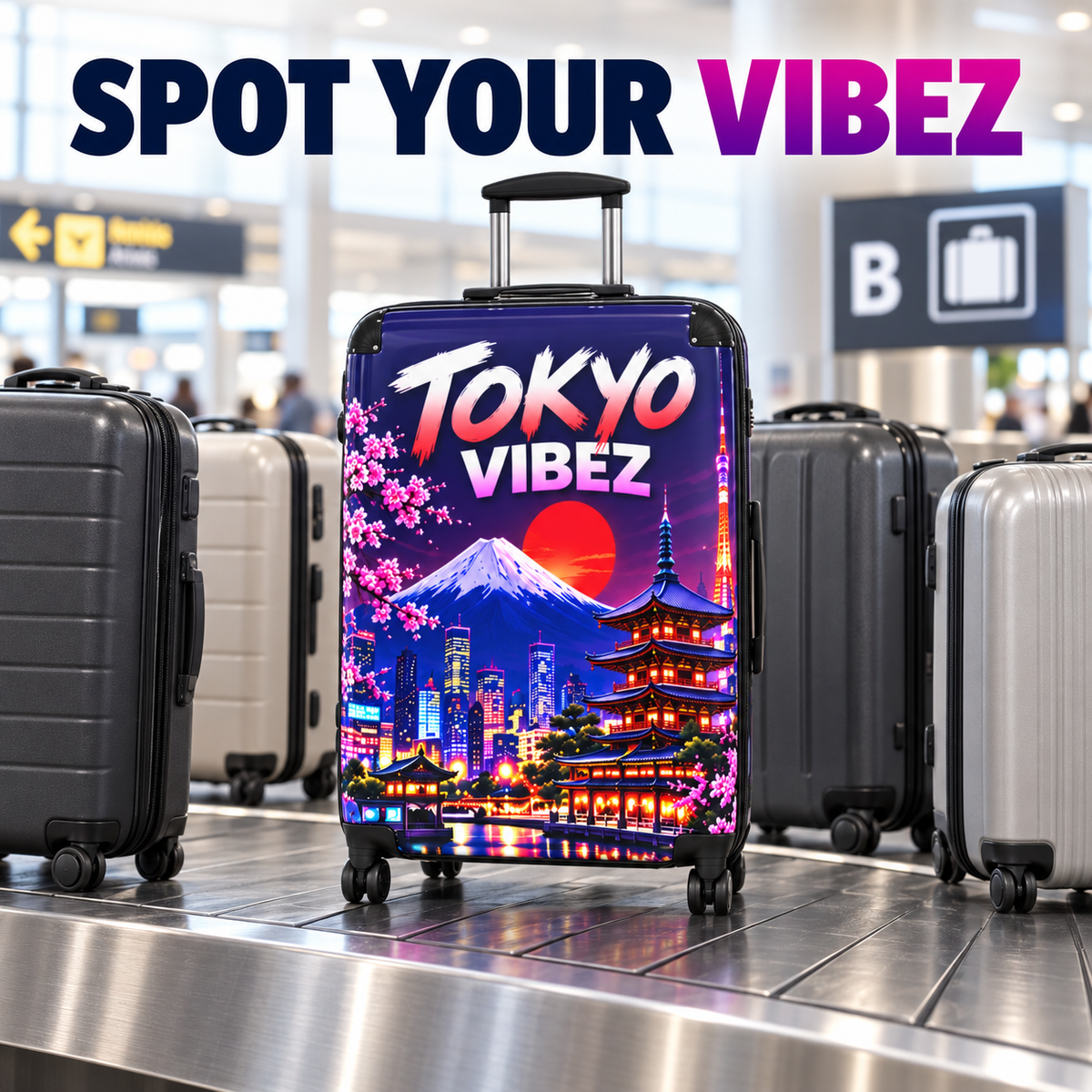 Tokyo Vibez Suitcase, Japanese Travel Luggage, Mount Fuji Cherry Blossom Hard Shell Case, Japan Gift, Colourful Spinner Luggage
