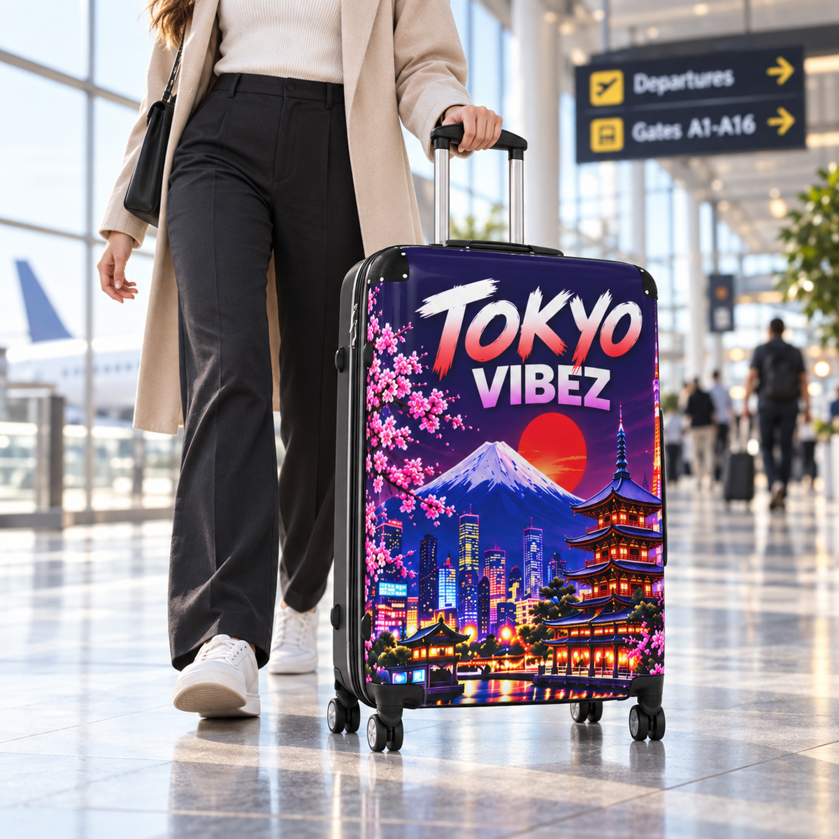 Tokyo Vibez Suitcase, Japanese Travel Luggage, Mount Fuji Cherry Blossom Hard Shell Case, Japan Gift, Colourful Spinner Luggage