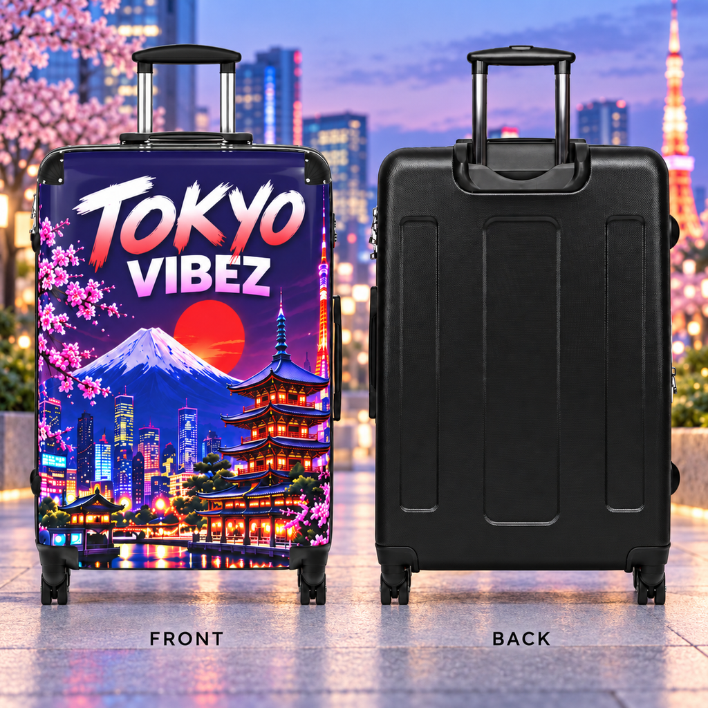 Tokyo Vibez Suitcase, Japanese Travel Luggage, Mount Fuji Cherry Blossom Hard Shell Case, Japan Gift, Colourful Spinner Luggage