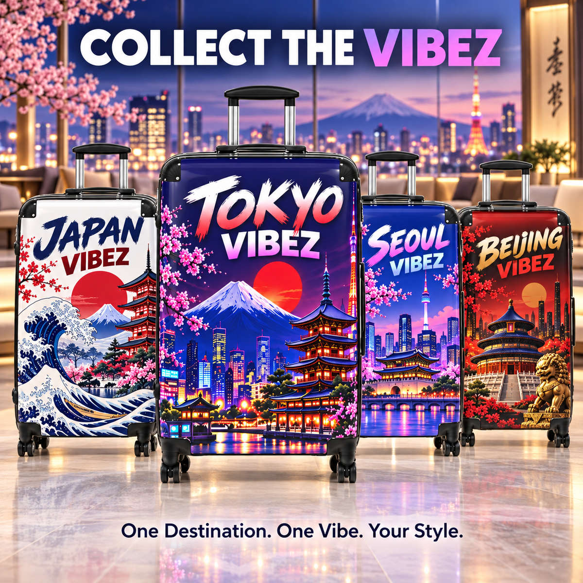 Tokyo Vibez Suitcase, Japanese Travel Luggage, Mount Fuji Cherry Blossom Hard Shell Case, Japan Gift, Colourful Spinner Luggage