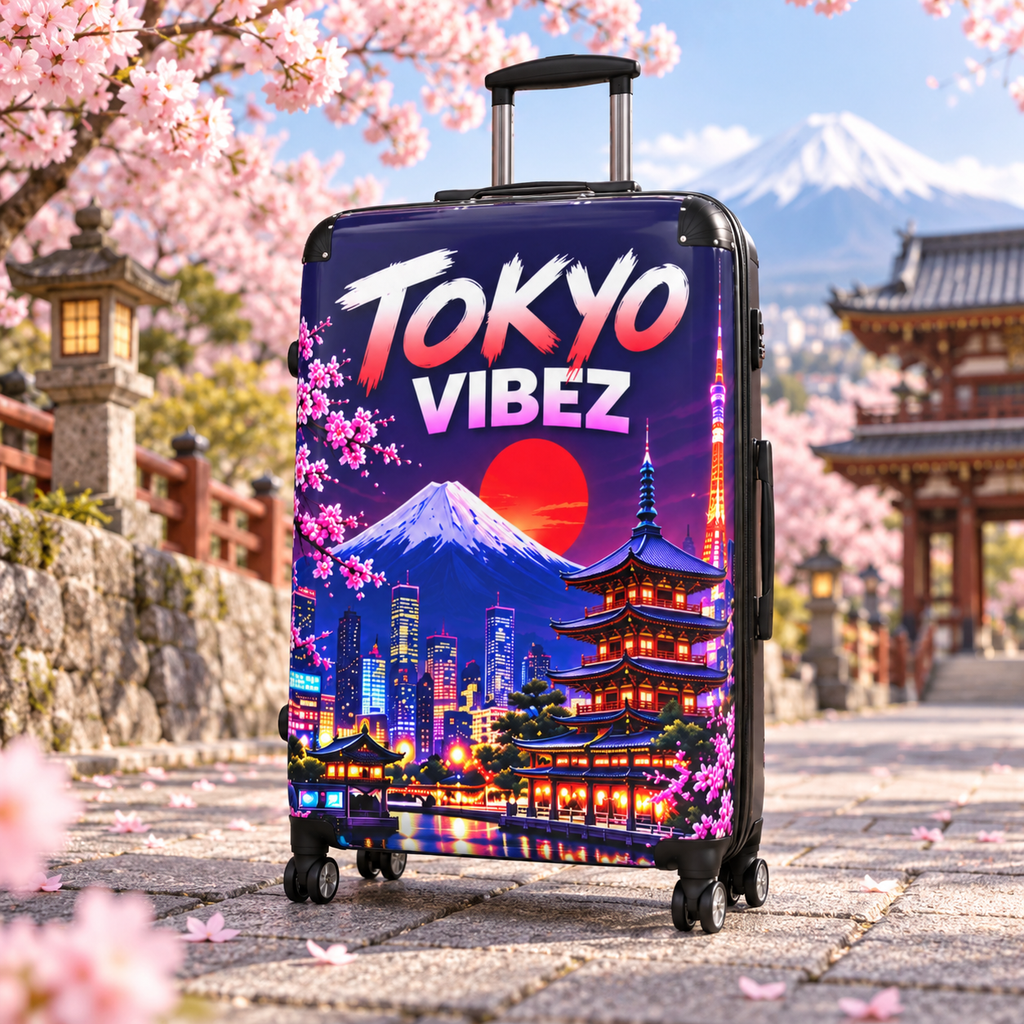 Tokyo Vibez Suitcase, Japanese Travel Luggage, Mount Fuji Cherry Blossom Hard Shell Case, Japan Gift, Colourful Spinner Luggage