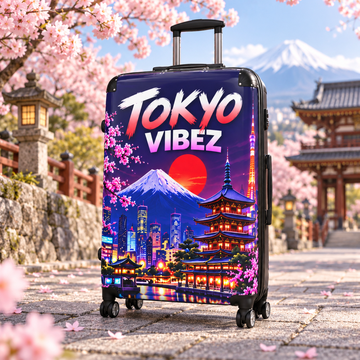 Tokyo Vibez Suitcase, Japanese Travel Luggage, Mount Fuji Cherry Blossom Hard Shell Case, Japan Gift, Colourful Spinner Luggage