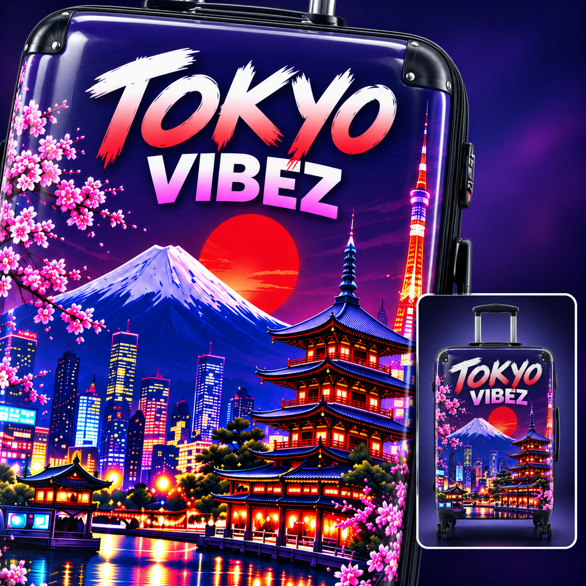 Tokyo Vibez Suitcase, Japanese Travel Luggage, Mount Fuji Cherry Blossom Hard Shell Case, Japan Gift, Colourful Spinner Luggage