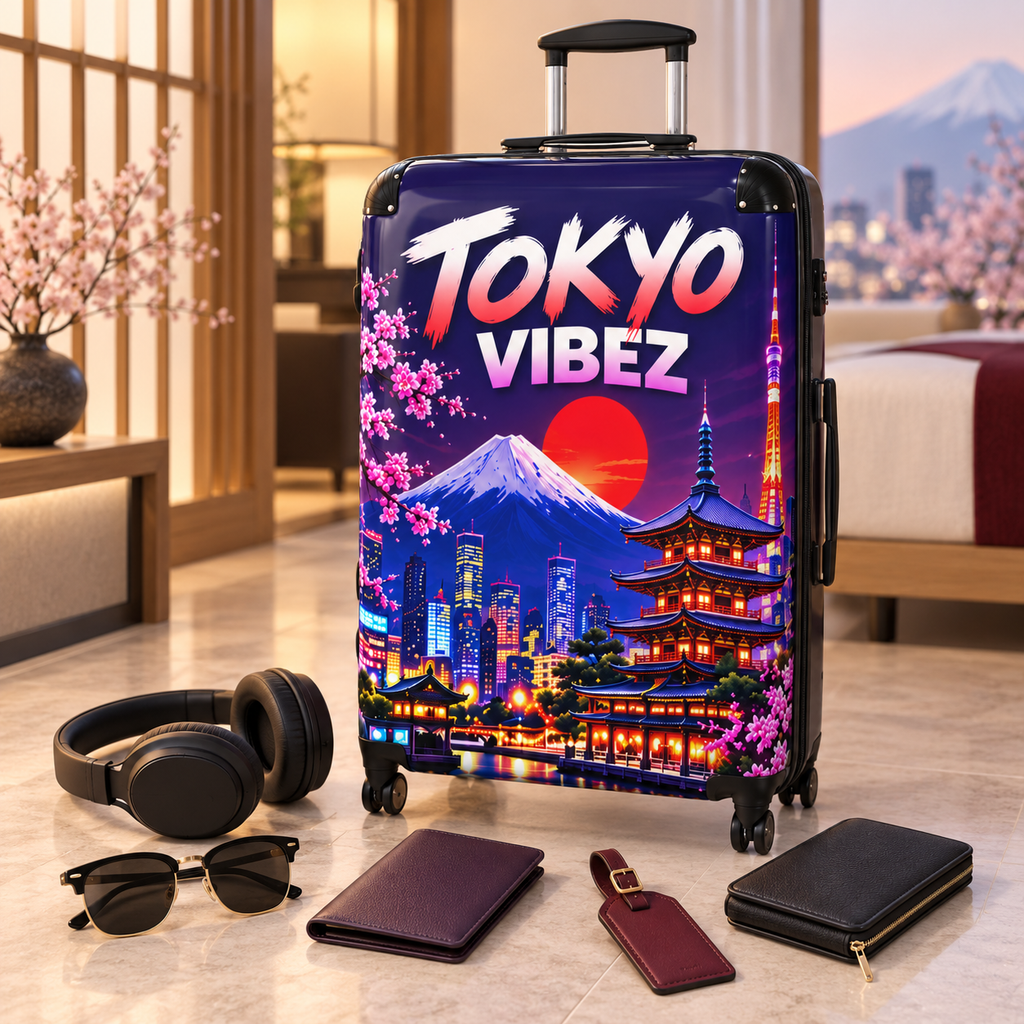 Tokyo Vibez Suitcase, Japanese Travel Luggage, Mount Fuji Cherry Blossom Hard Shell Case, Japan Gift, Colourful Spinner Luggage