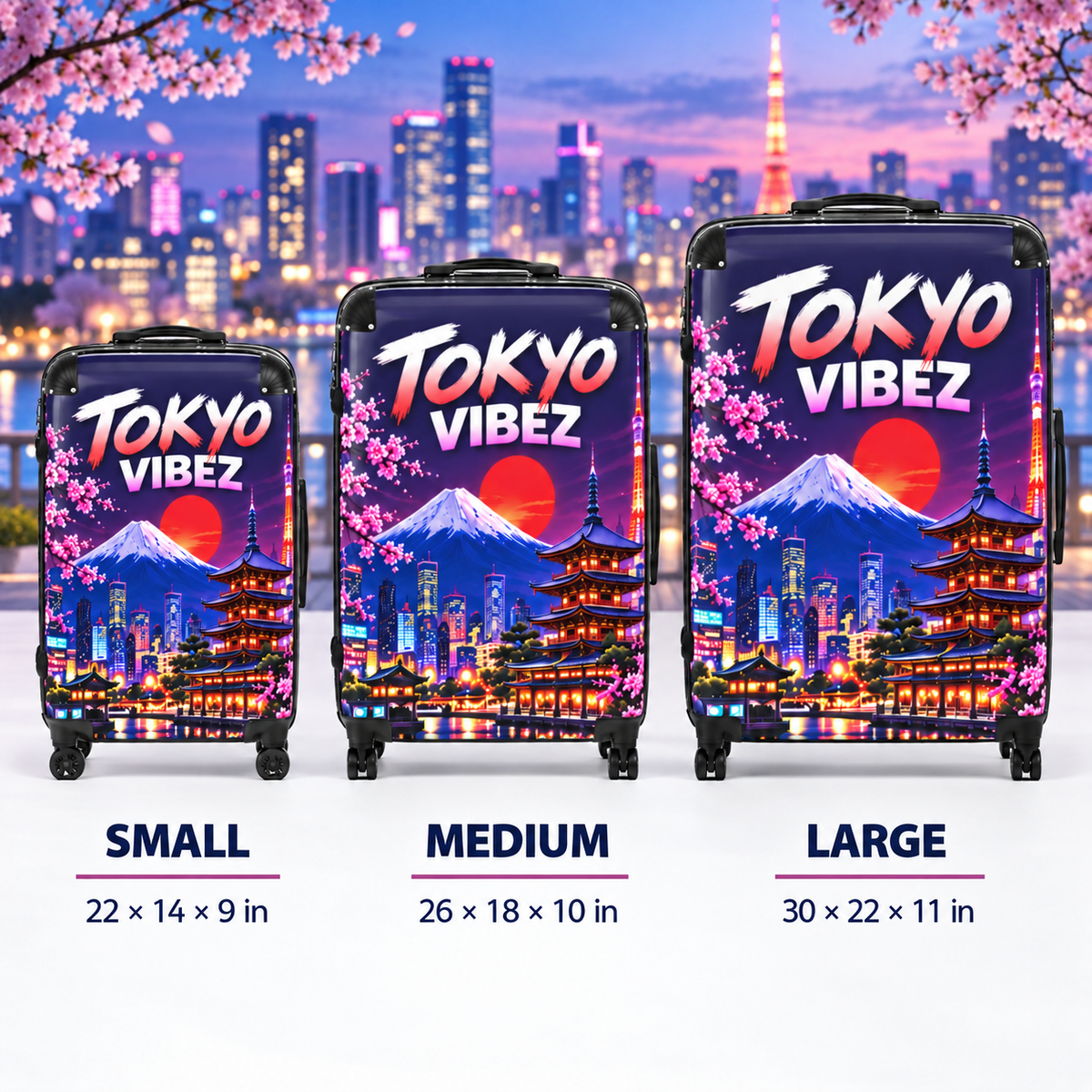 Tokyo Vibez Suitcase, Japanese Travel Luggage, Mount Fuji Cherry Blossom Hard Shell Case, Japan Gift, Colourful Spinner Luggage