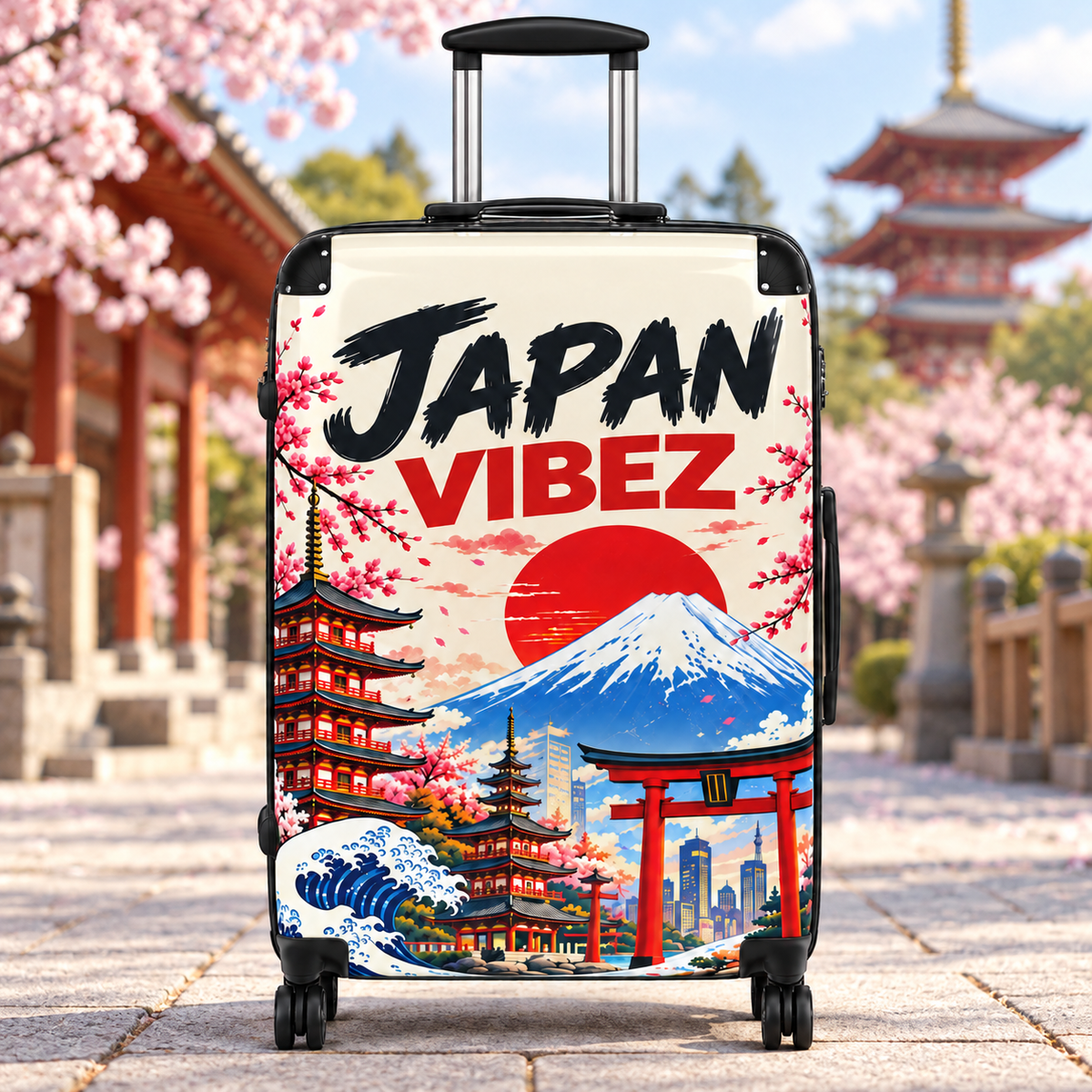 Japan Vibez Suitcase, Japanese Travel Luggage, Mount Fuji Cherry Blossom Hard Shell Spinner Case, Gift for Japan Lover