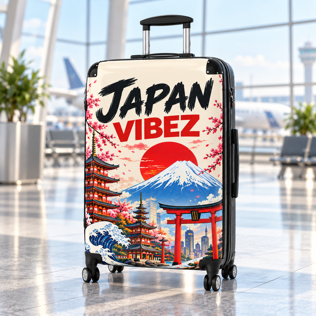 Japan Vibez Suitcase, Japanese Travel Luggage, Mount Fuji Cherry Blossom Hard Shell Spinner Case, Gift for Japan Lover