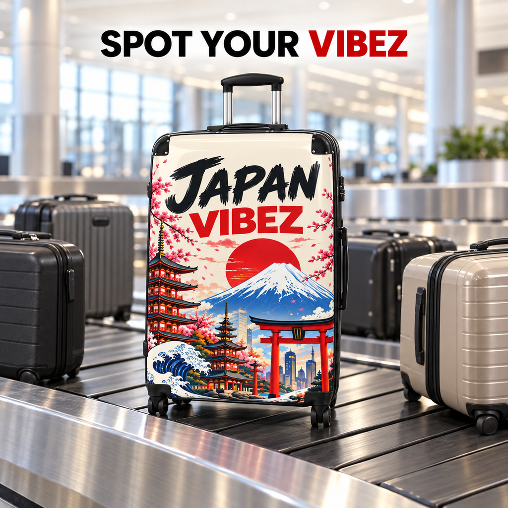 Japan Vibez Suitcase, Japanese Travel Luggage, Mount Fuji Cherry Blossom Hard Shell Spinner Case, Gift for Japan Lover