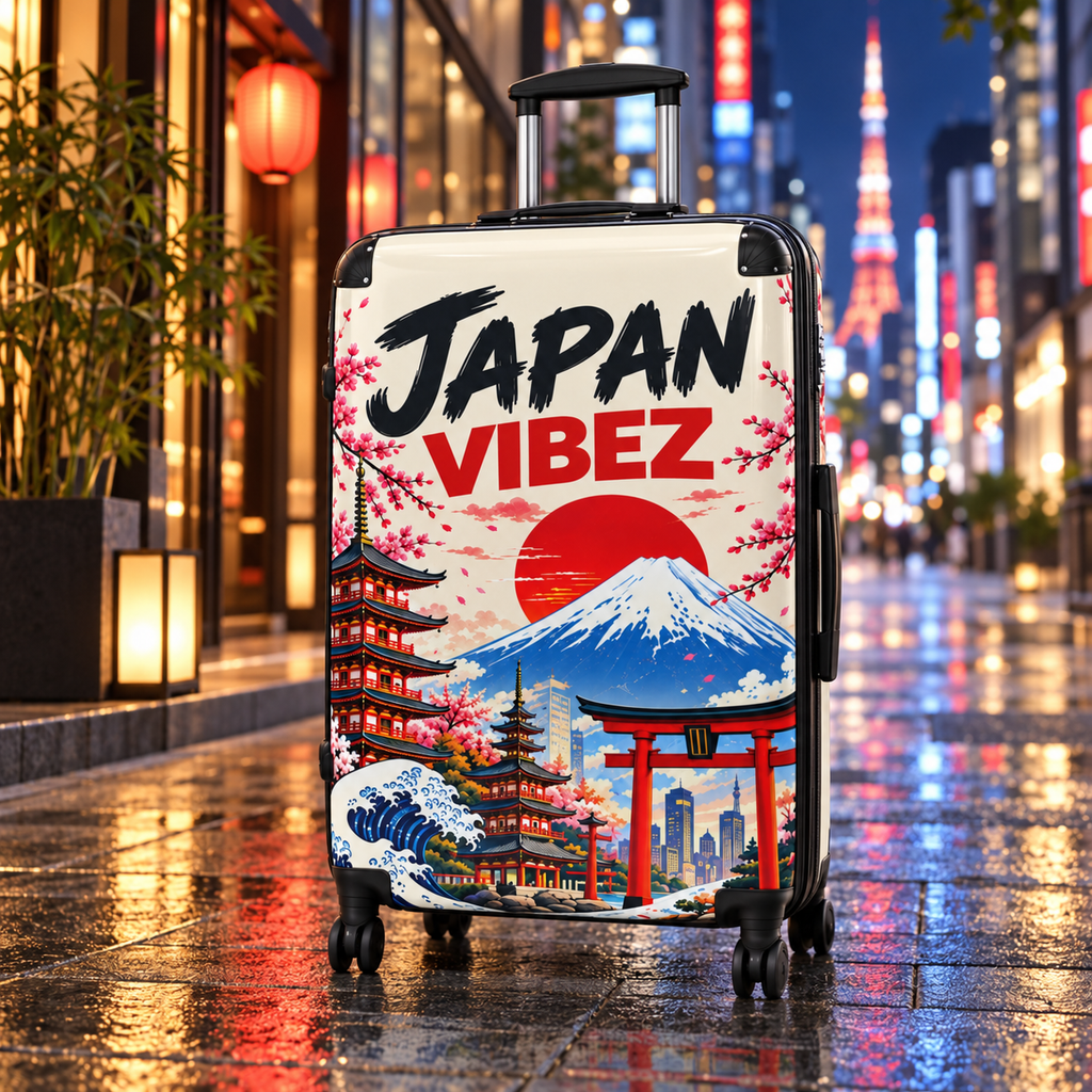 Japan Vibez Suitcase, Japanese Travel Luggage, Mount Fuji Cherry Blossom Hard Shell Spinner Case, Gift for Japan Lover