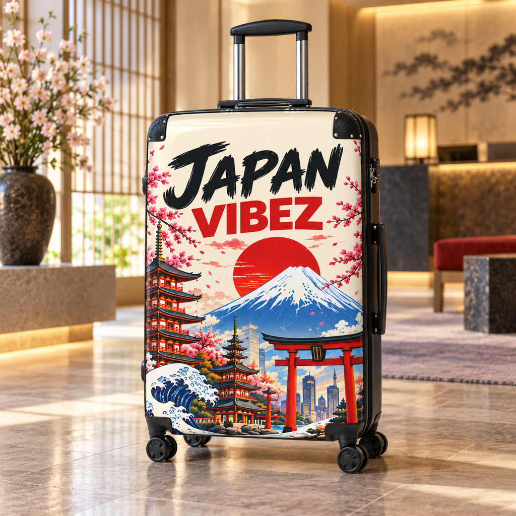 Japan Vibez Suitcase, Japanese Travel Luggage, Mount Fuji Cherry Blossom Hard Shell Spinner Case, Gift for Japan Lover