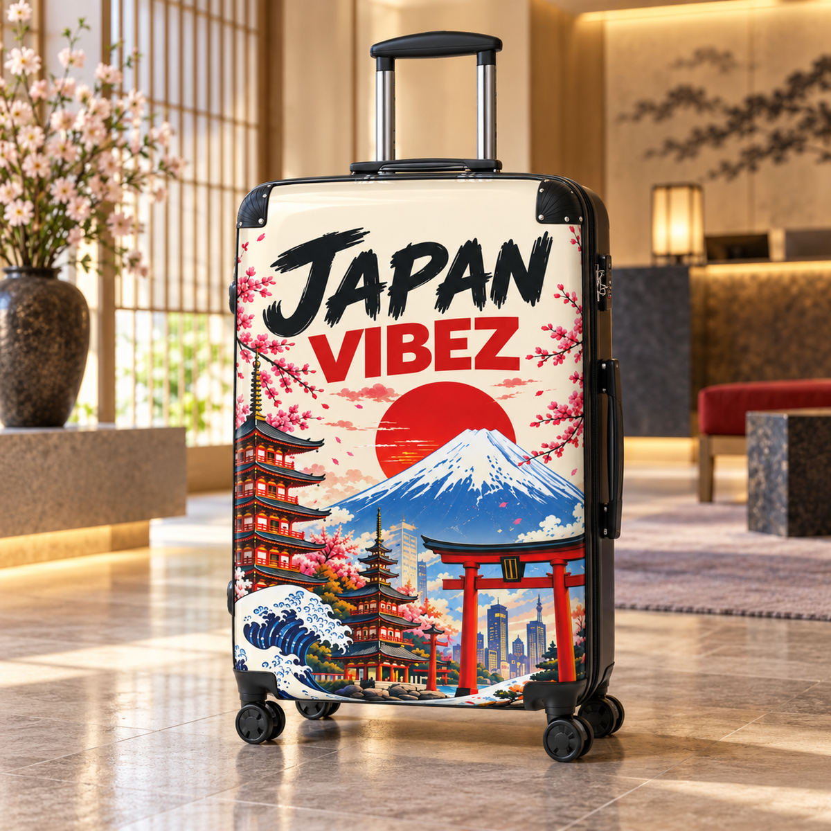 Japan Vibez Suitcase, Japanese Travel Luggage, Mount Fuji Cherry Blossom Hard Shell Spinner Case, Gift for Japan Lover