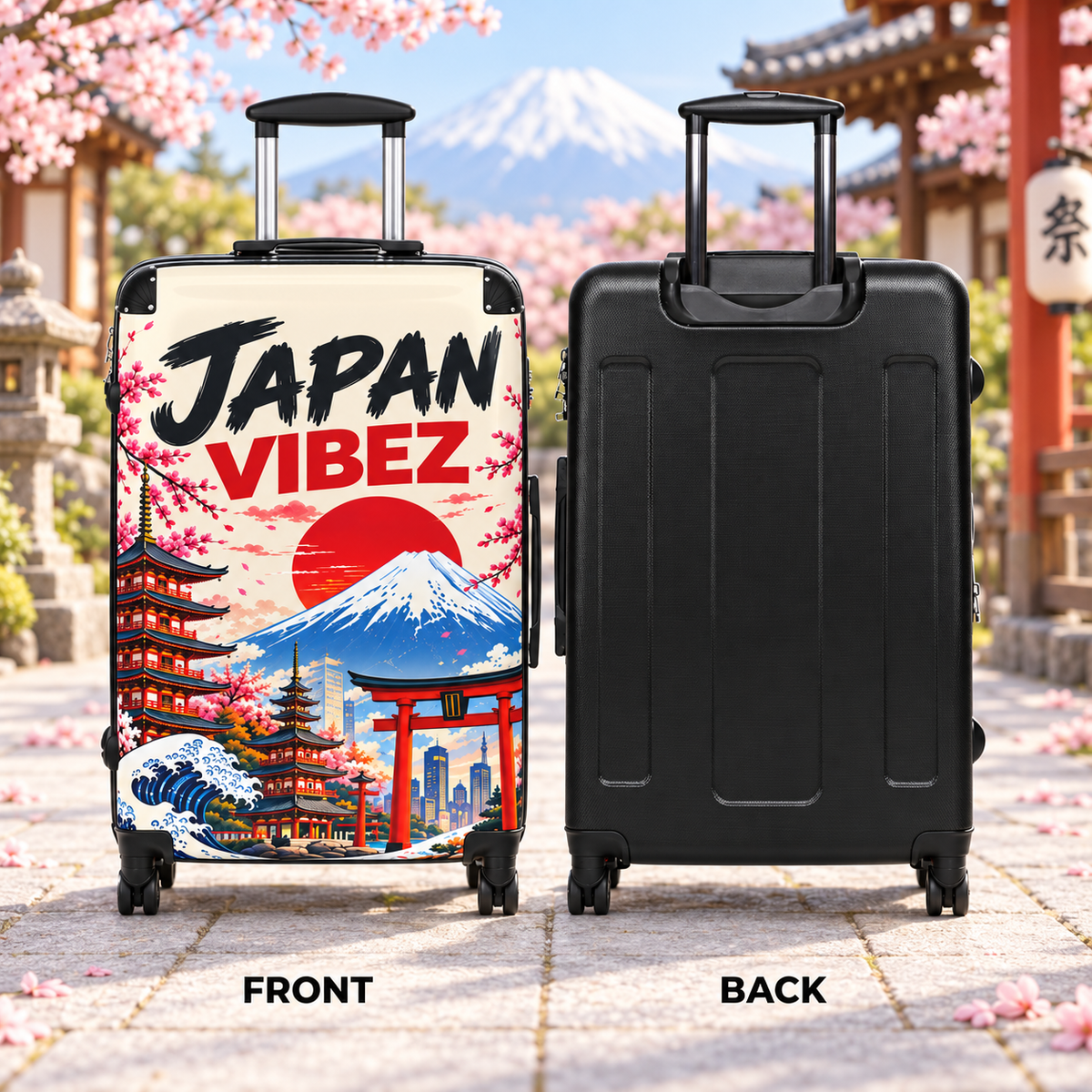 Japan Vibez Suitcase, Japanese Travel Luggage, Mount Fuji Cherry Blossom Hard Shell Spinner Case, Gift for Japan Lover
