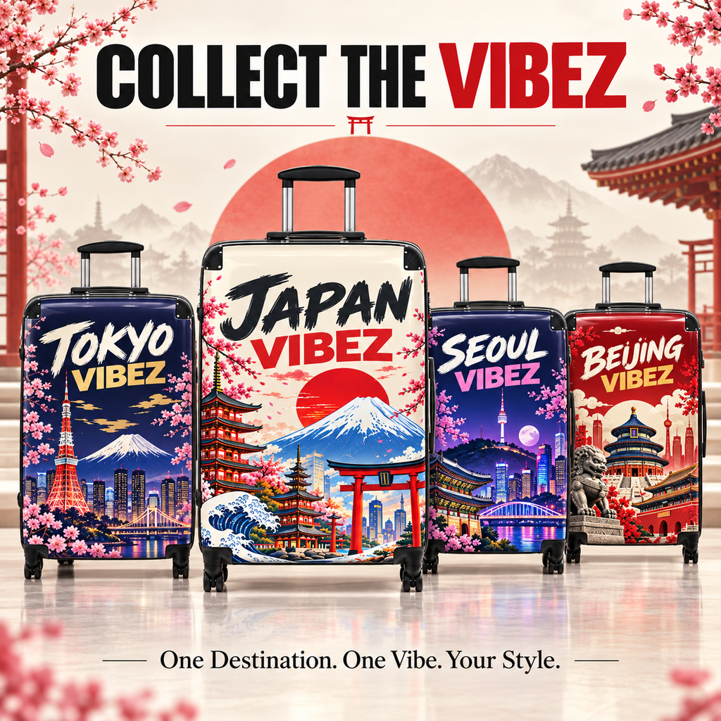 Japan Vibez Suitcase, Japanese Travel Luggage, Mount Fuji Cherry Blossom Hard Shell Spinner Case, Gift for Japan Lover