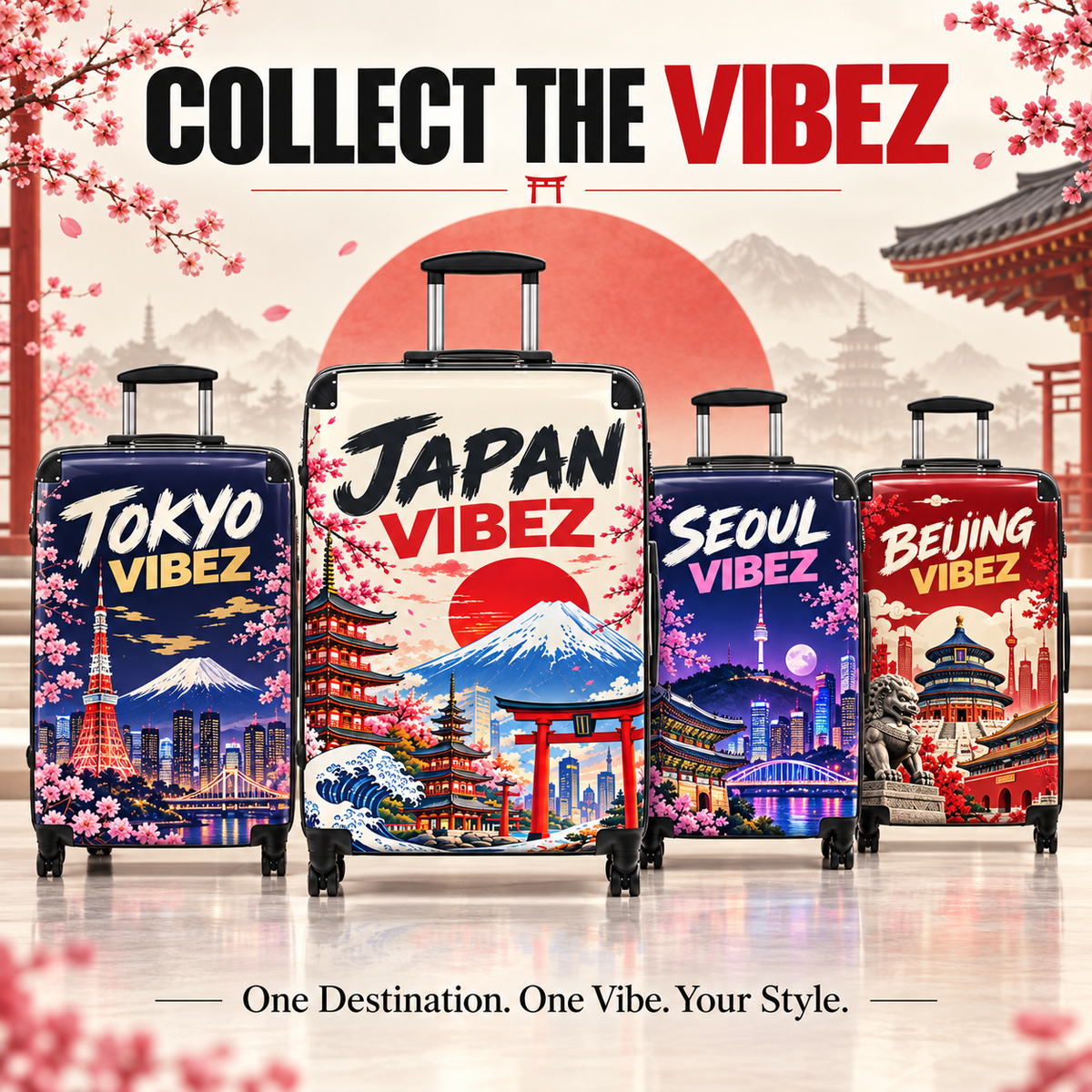 Japan Vibez Suitcase, Japanese Travel Luggage, Mount Fuji Cherry Blossom Hard Shell Spinner Case, Gift for Japan Lover