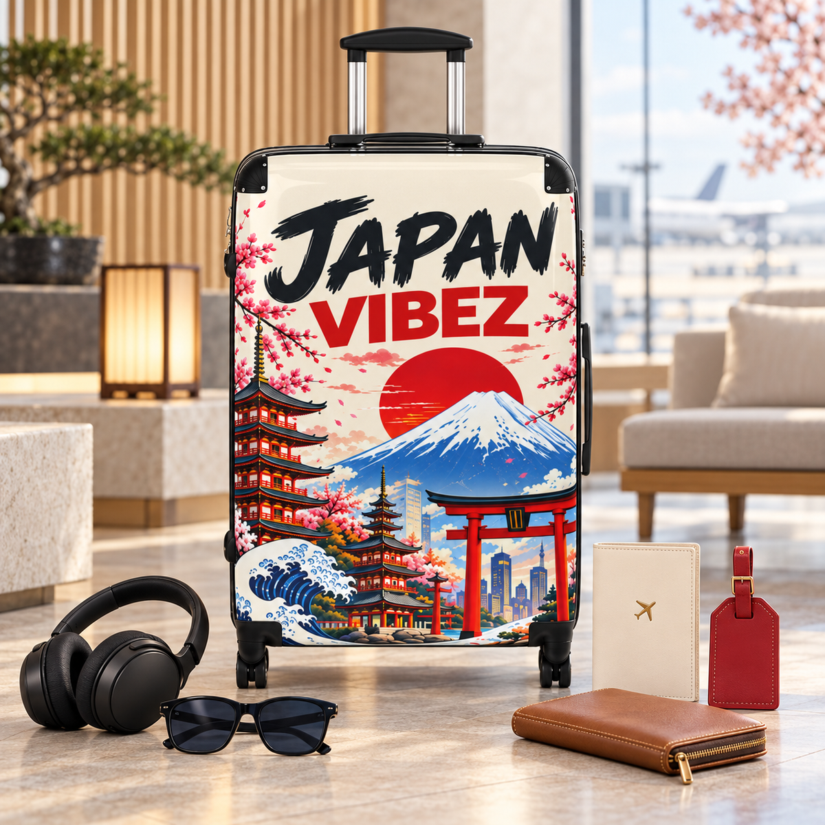 Japan Vibez Suitcase, Japanese Travel Luggage, Mount Fuji Cherry Blossom Hard Shell Spinner Case, Gift for Japan Lover