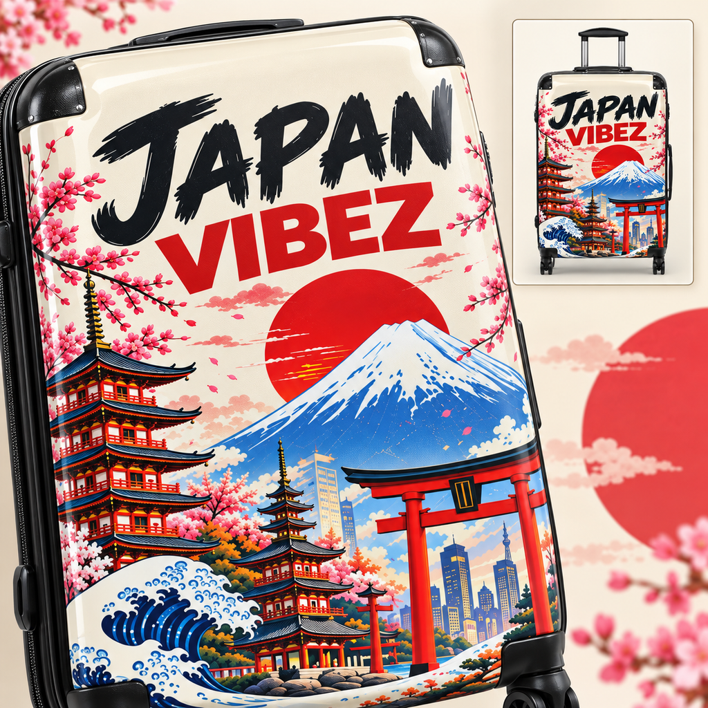 Japan Vibez Suitcase, Japanese Travel Luggage, Mount Fuji Cherry Blossom Hard Shell Spinner Case, Gift for Japan Lover