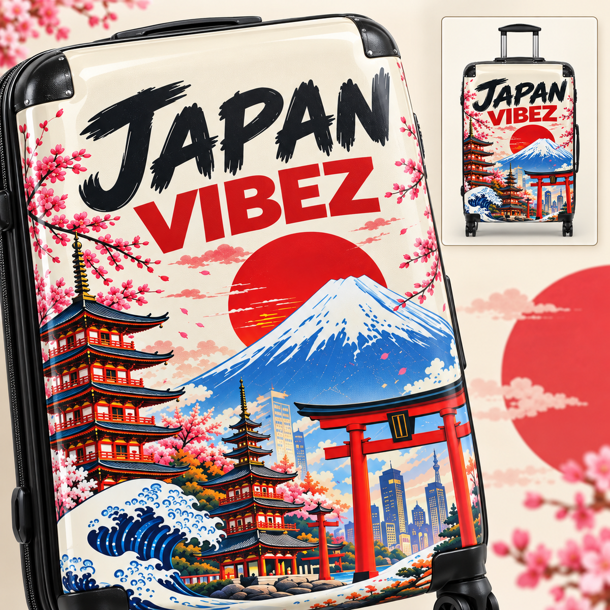 Japan Vibez Suitcase, Japanese Travel Luggage, Mount Fuji Cherry Blossom Hard Shell Spinner Case, Gift for Japan Lover