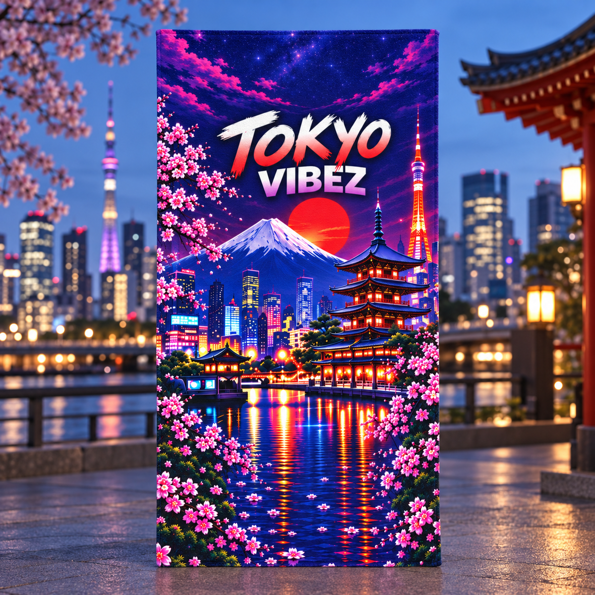 Tokyo Vibez Towel, Japanese City Bath Towel, Mount Fuji Cherry Blossom Towel, Tokyo Travel Gift, Colourful Bathroom Decor