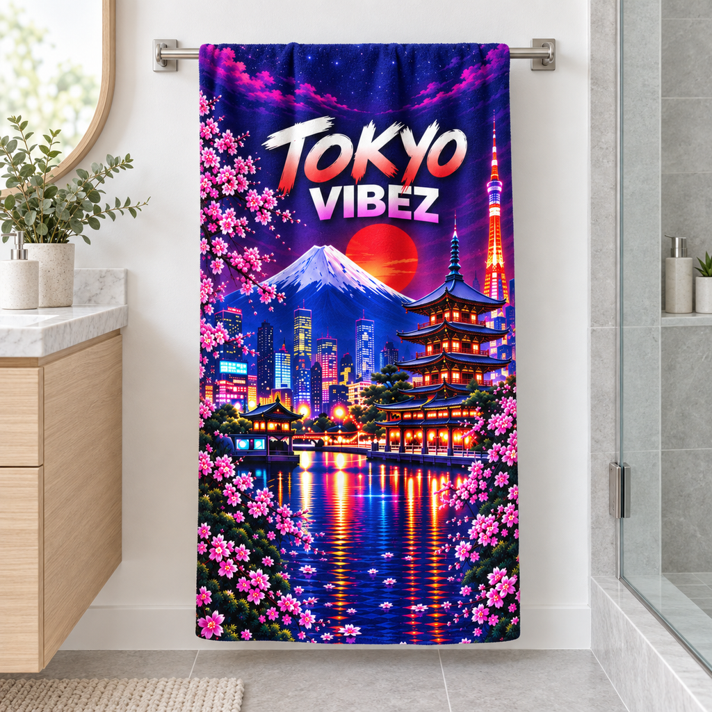 Tokyo Vibez Towel, Japanese City Bath Towel, Mount Fuji Cherry Blossom Towel, Tokyo Travel Gift, Colourful Bathroom Decor