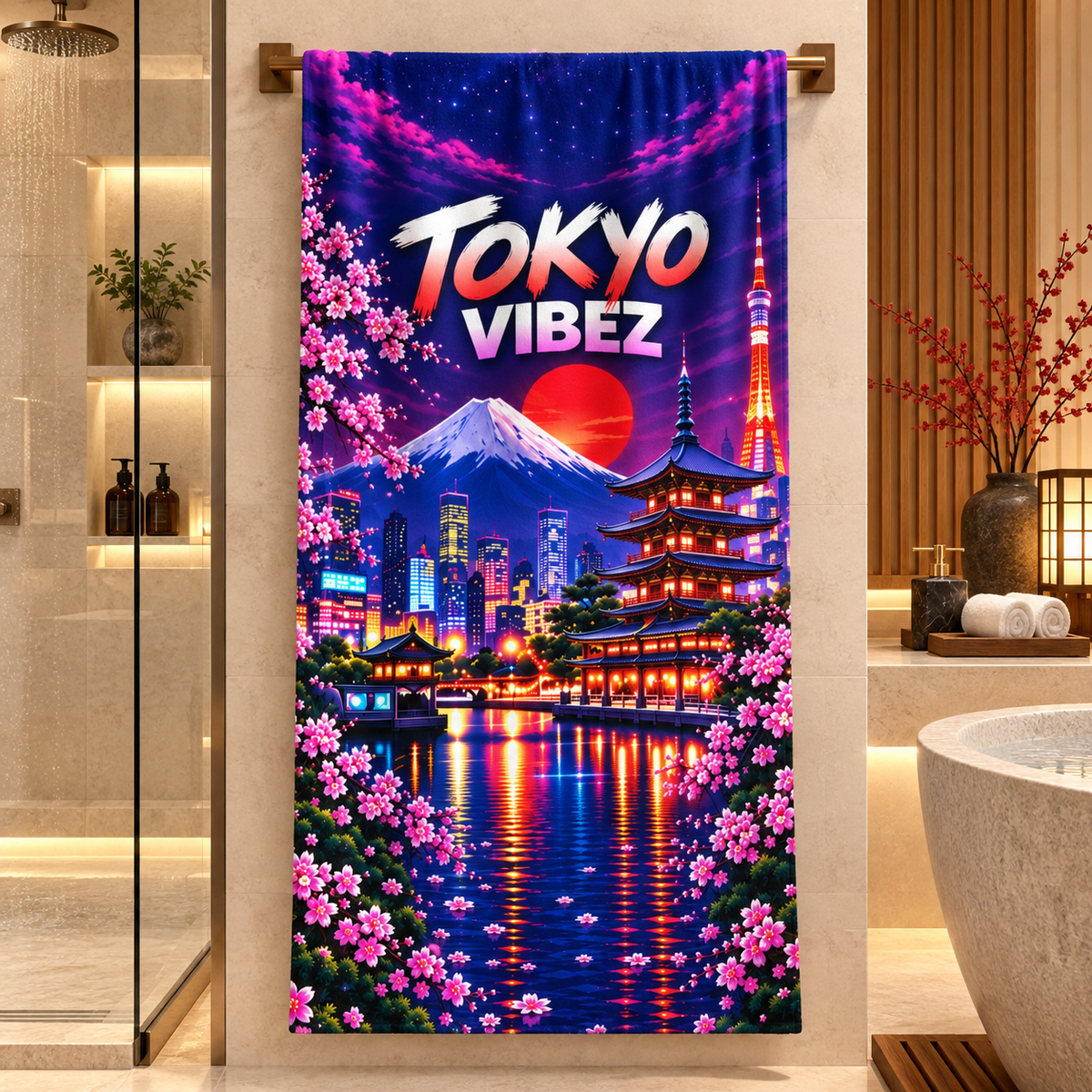 Tokyo Vibez Towel, Japanese City Bath Towel, Mount Fuji Cherry Blossom Towel, Tokyo Travel Gift, Colourful Bathroom Decor