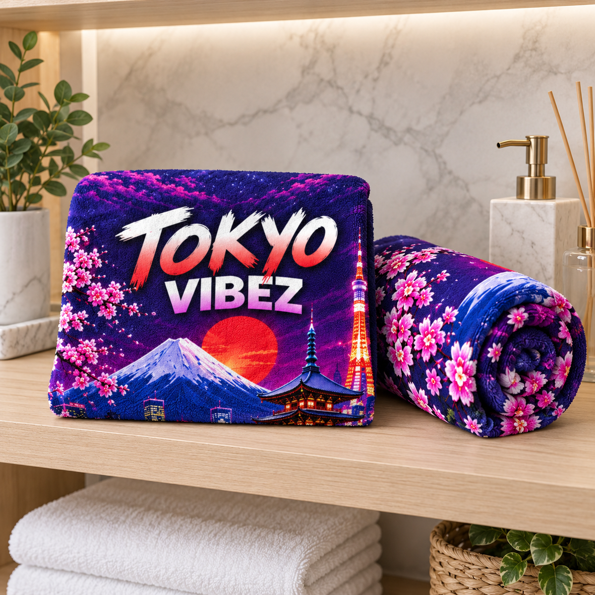 Tokyo Vibez Towel, Japanese City Bath Towel, Mount Fuji Cherry Blossom Towel, Tokyo Travel Gift, Colourful Bathroom Decor
