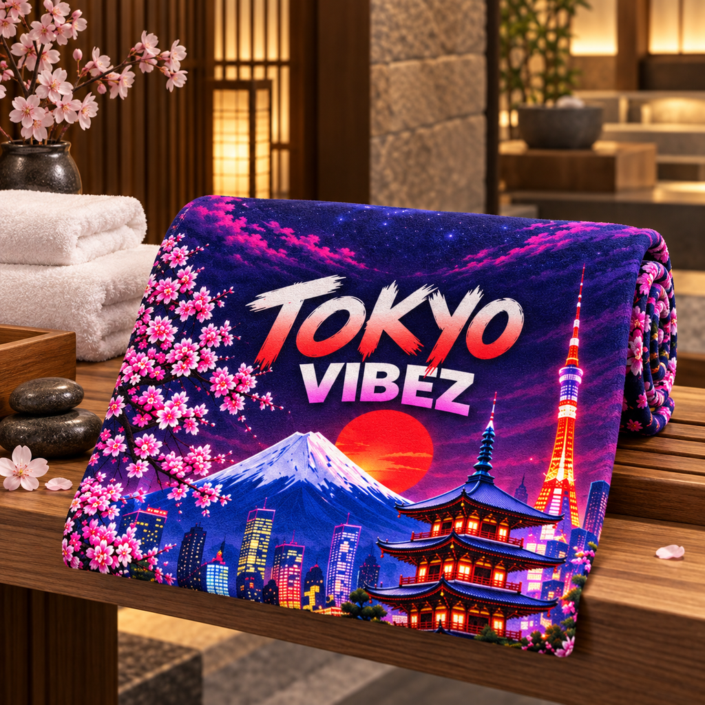 Tokyo Vibez Towel, Japanese City Bath Towel, Mount Fuji Cherry Blossom Towel, Tokyo Travel Gift, Colourful Bathroom Decor