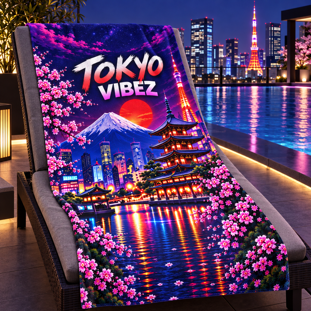 Tokyo Vibez Towel, Japanese City Bath Towel, Mount Fuji Cherry Blossom Towel, Tokyo Travel Gift, Colourful Bathroom Decor