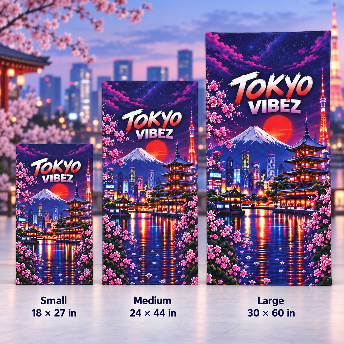 Tokyo Vibez Towel, Japanese City Bath Towel, Mount Fuji Cherry Blossom Towel, Tokyo Travel Gift, Colourful Bathroom Decor