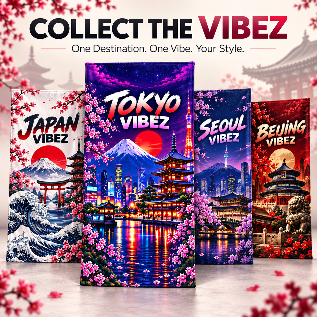 Tokyo Vibez Towel, Japanese City Bath Towel, Mount Fuji Cherry Blossom Towel, Tokyo Travel Gift, Colourful Bathroom Decor
