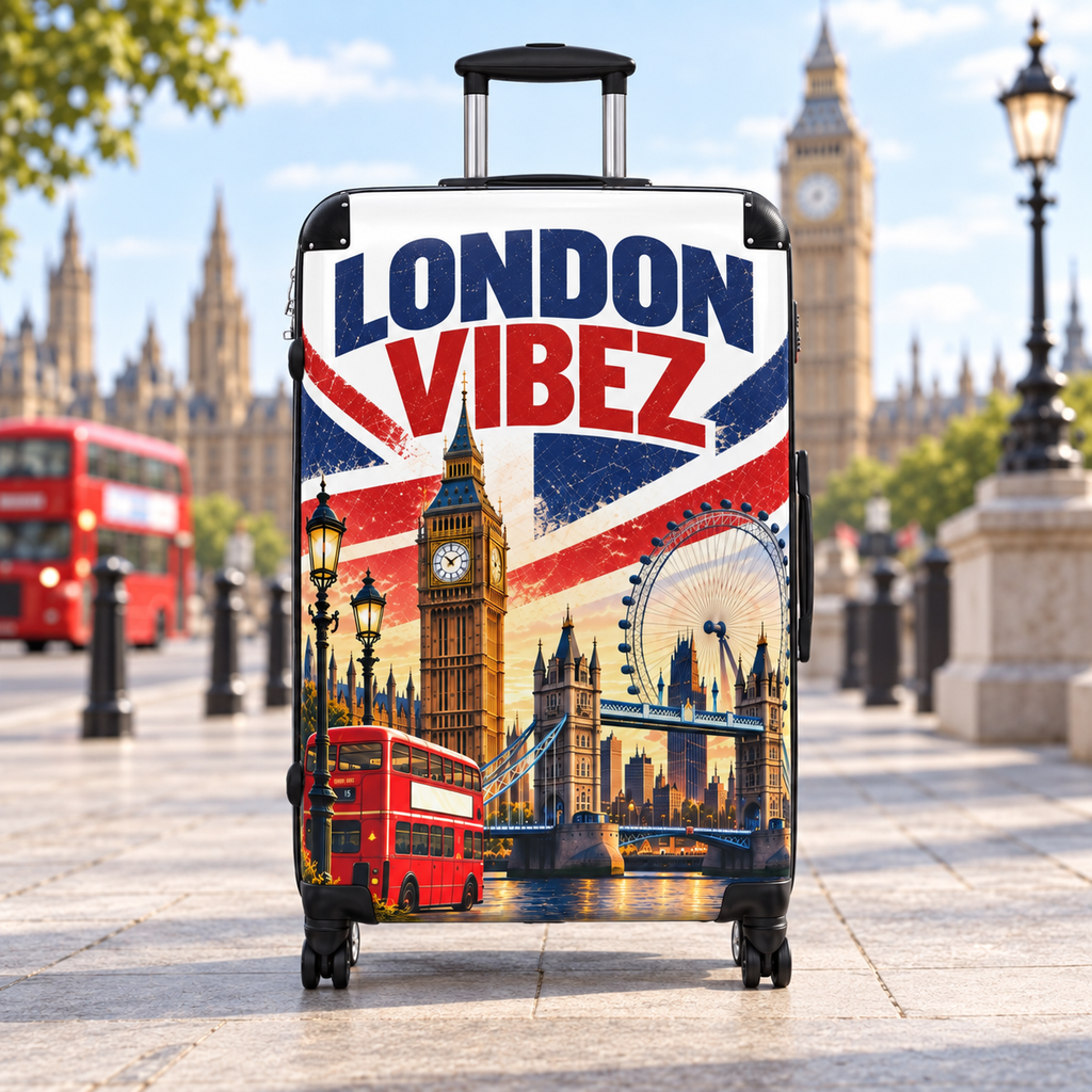 London Vibez Suitcase, London Travel Luggage, British Union Jack Hard Shell Spinner Case, UK Gift, Big Ben Travel Bag