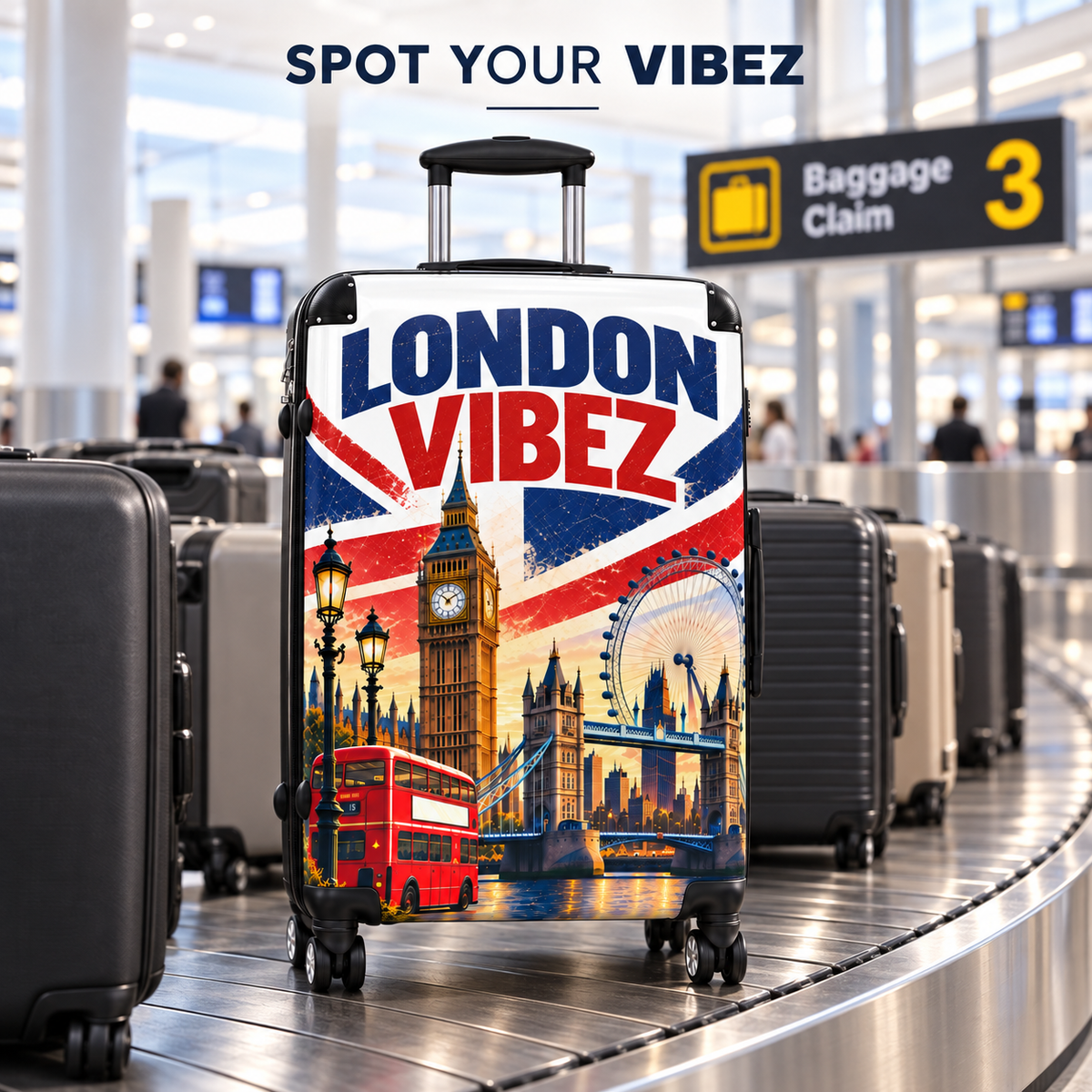 London Vibez Suitcase, London Travel Luggage, British Union Jack Hard Shell Spinner Case, UK Gift, Big Ben Travel Bag