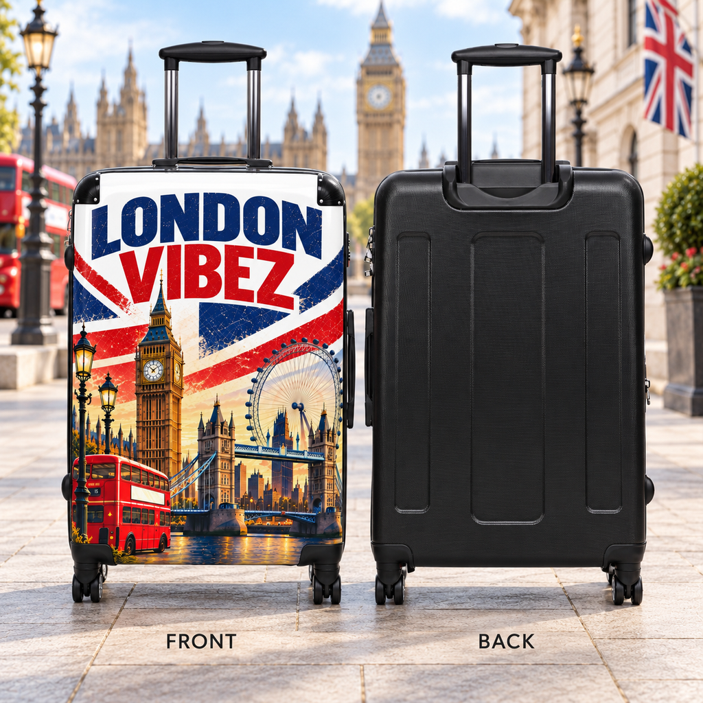 London Vibez Suitcase, London Travel Luggage, British Union Jack Hard Shell Spinner Case, UK Gift, Big Ben Travel Bag