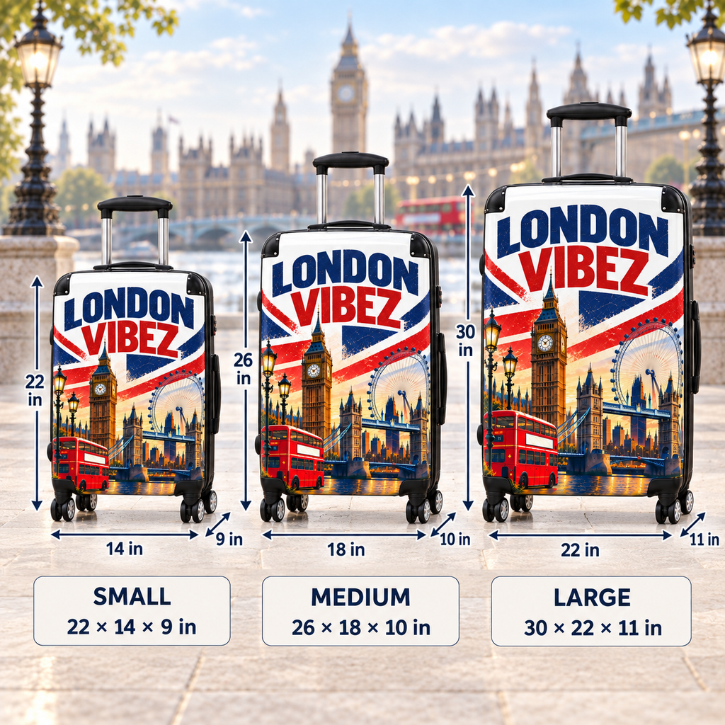 London Vibez Suitcase, London Travel Luggage, British Union Jack Hard Shell Spinner Case, UK Gift, Big Ben Travel Bag