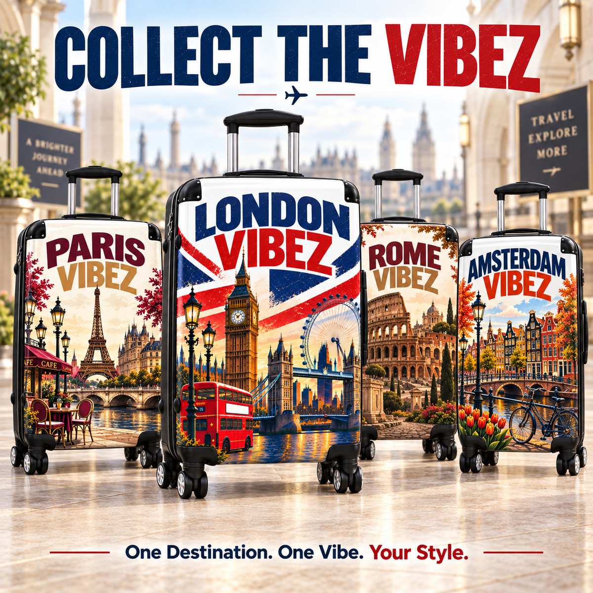 London Vibez Suitcase, London Travel Luggage, British Union Jack Hard Shell Spinner Case, UK Gift, Big Ben Travel Bag