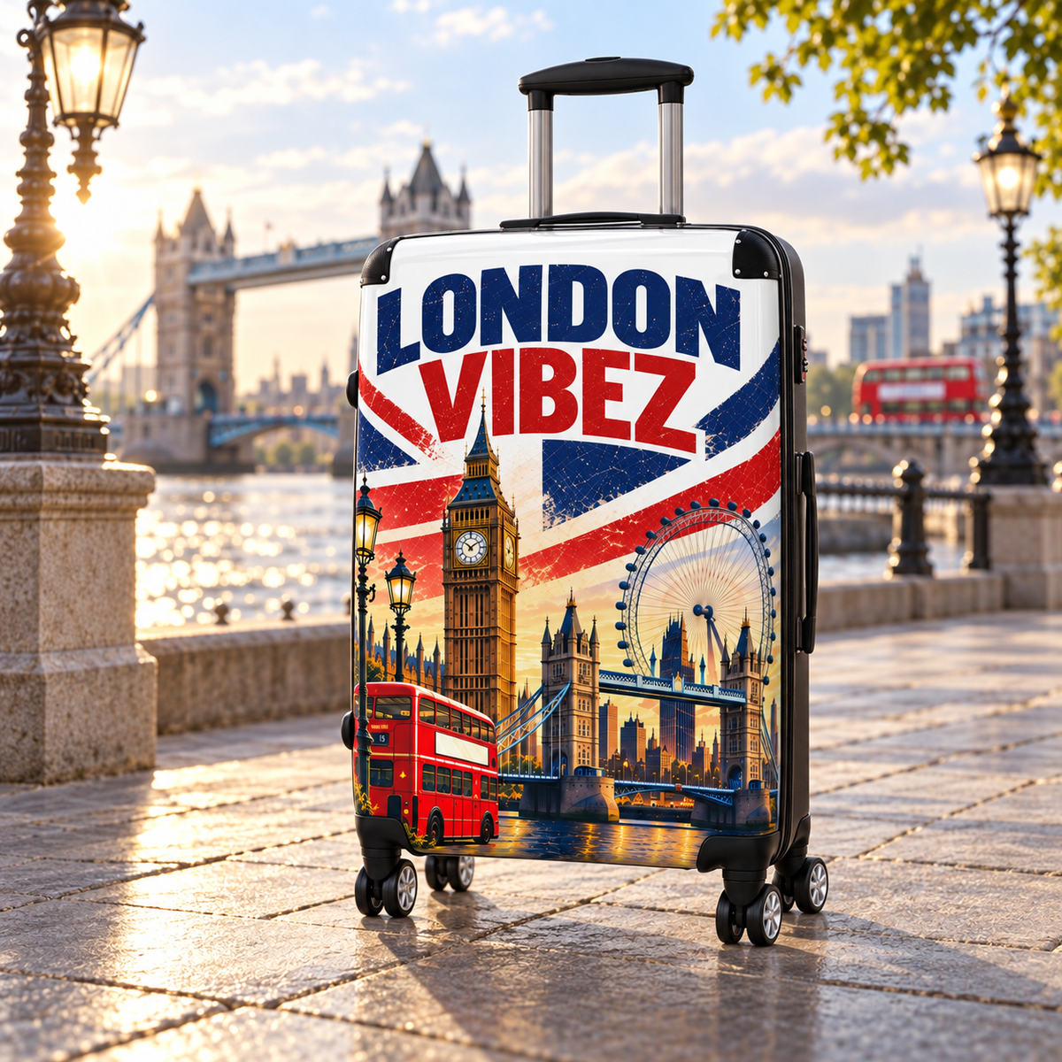 London Vibez Suitcase, London Travel Luggage, British Union Jack Hard Shell Spinner Case, UK Gift, Big Ben Travel Bag