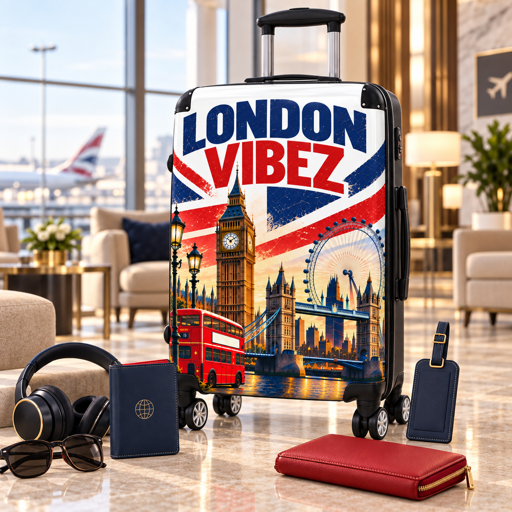 London Vibez Suitcase, London Travel Luggage, British Union Jack Hard Shell Spinner Case, UK Gift, Big Ben Travel Bag
