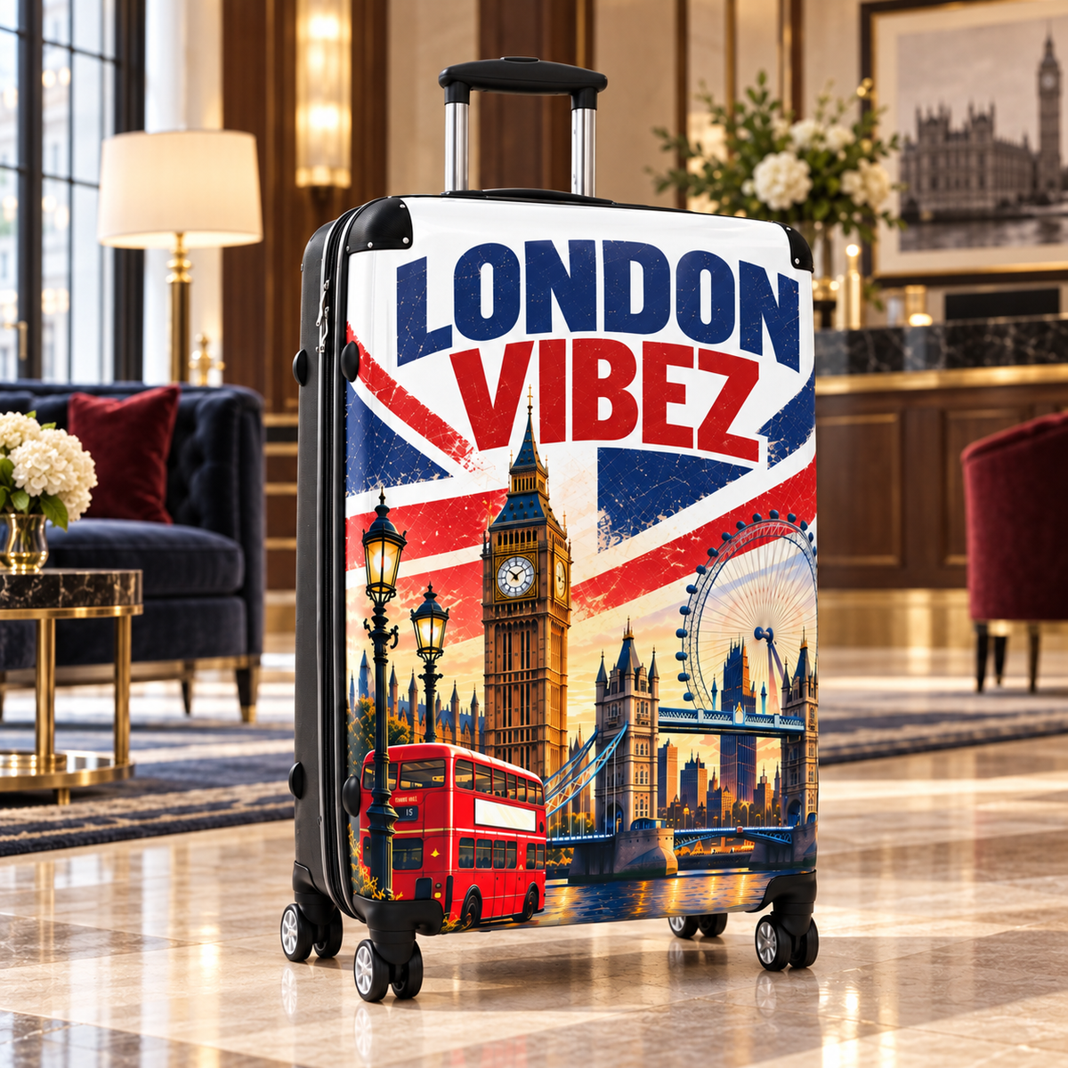 London Vibez Suitcase, London Travel Luggage, British Union Jack Hard Shell Spinner Case, UK Gift, Big Ben Travel Bag