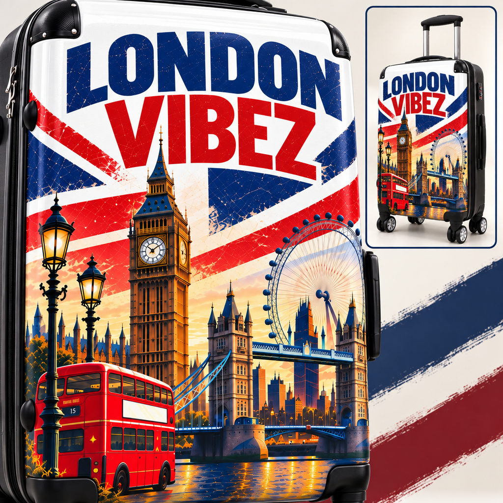 London Vibez Suitcase, London Travel Luggage, British Union Jack Hard Shell Spinner Case, UK Gift, Big Ben Travel Bag