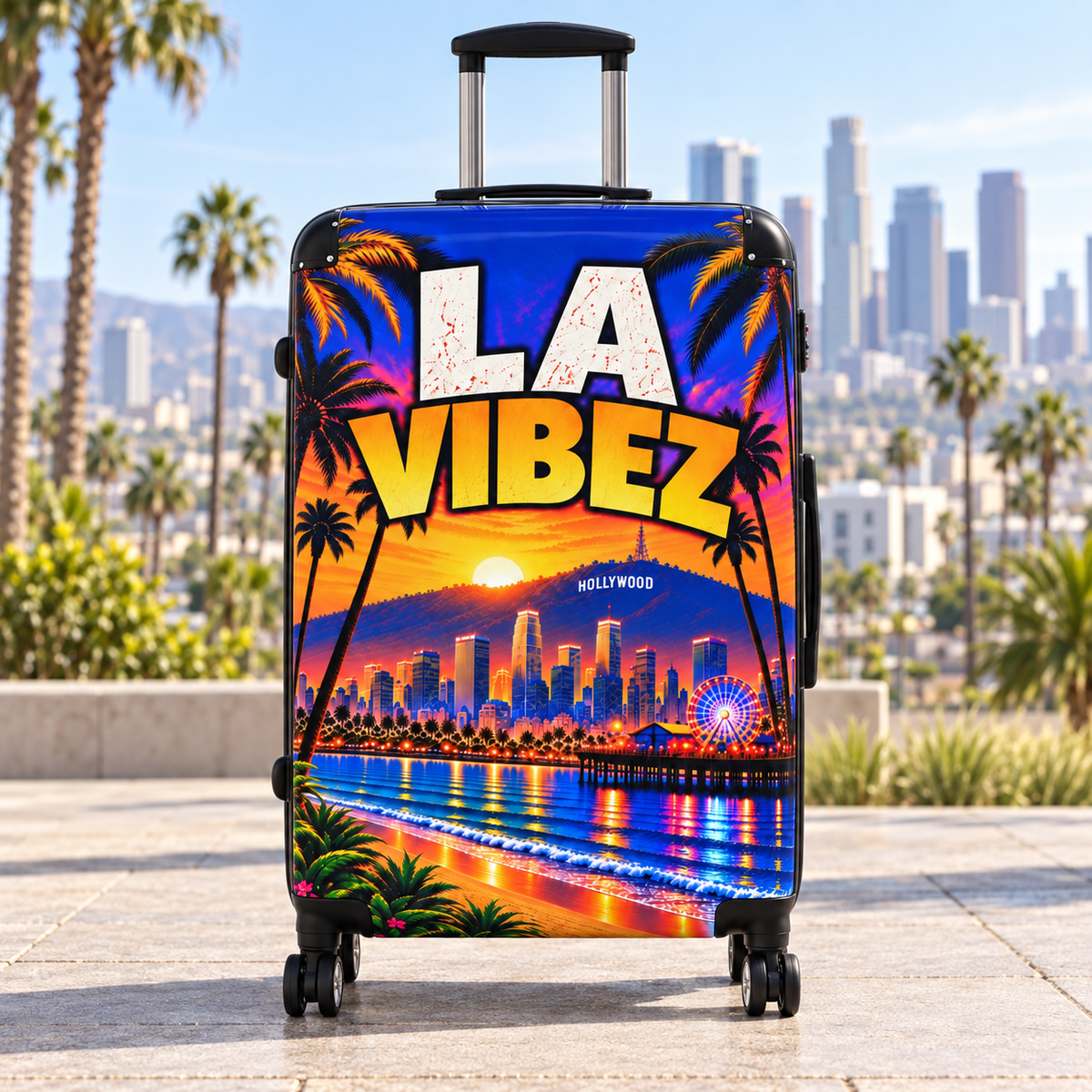 LA Vibez Suitcase, Los Angeles Luggage, Colorful Hard Shell Travel Case, Hollywood Vacation Gift, City Skyline Spinner Suitcase