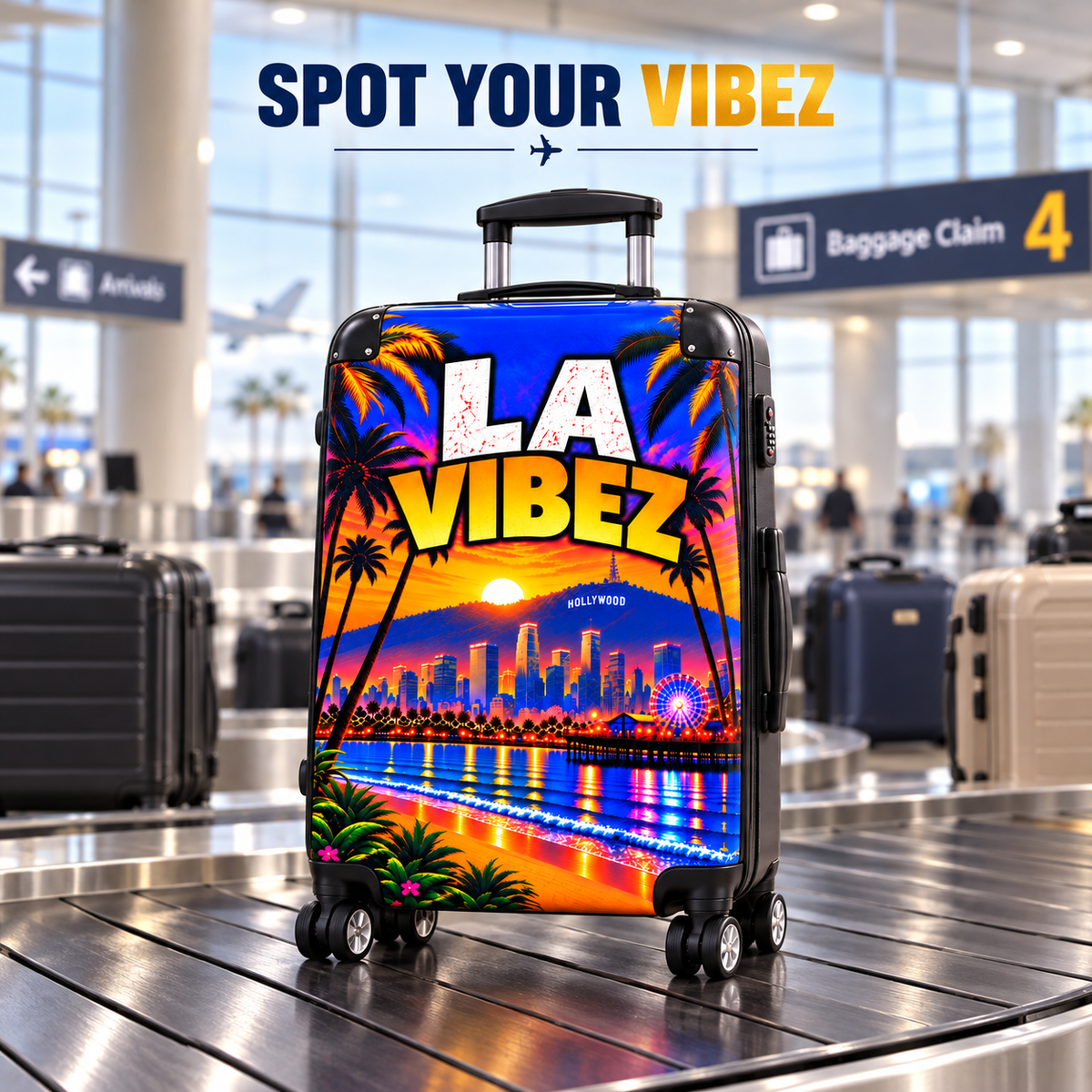 LA Vibez Suitcase, Los Angeles Luggage, Colorful Hard Shell Travel Case, Hollywood Vacation Gift, City Skyline Spinner Suitcase